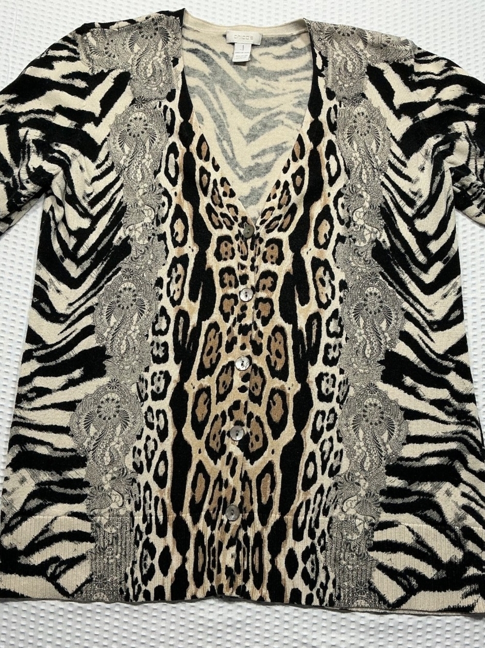 Chico's Animal Print Button-Down Cardigan - Black, Cream, Brown